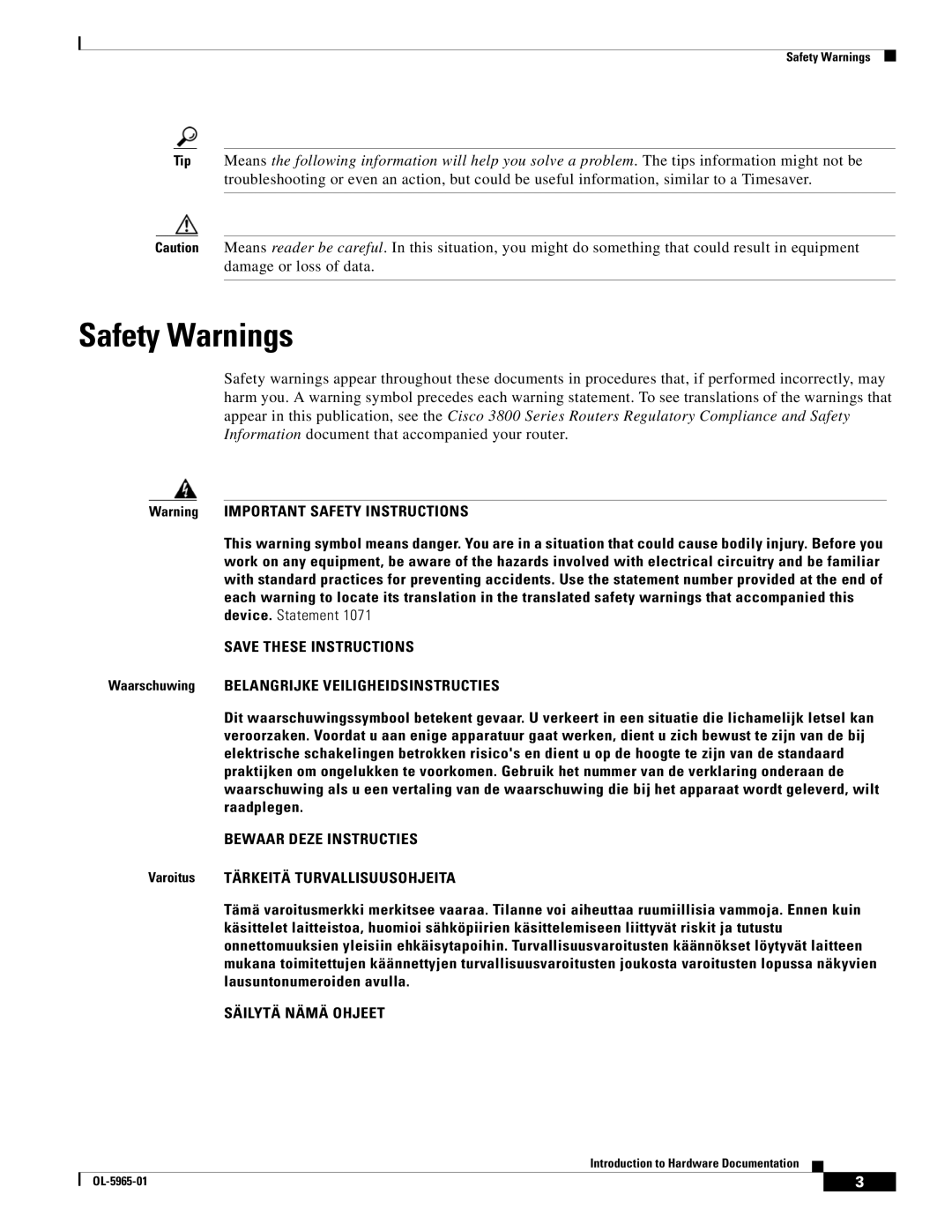 Cisco Systems 3800 Series warranty Safety Warnings, Bewaar Deze Instructies 