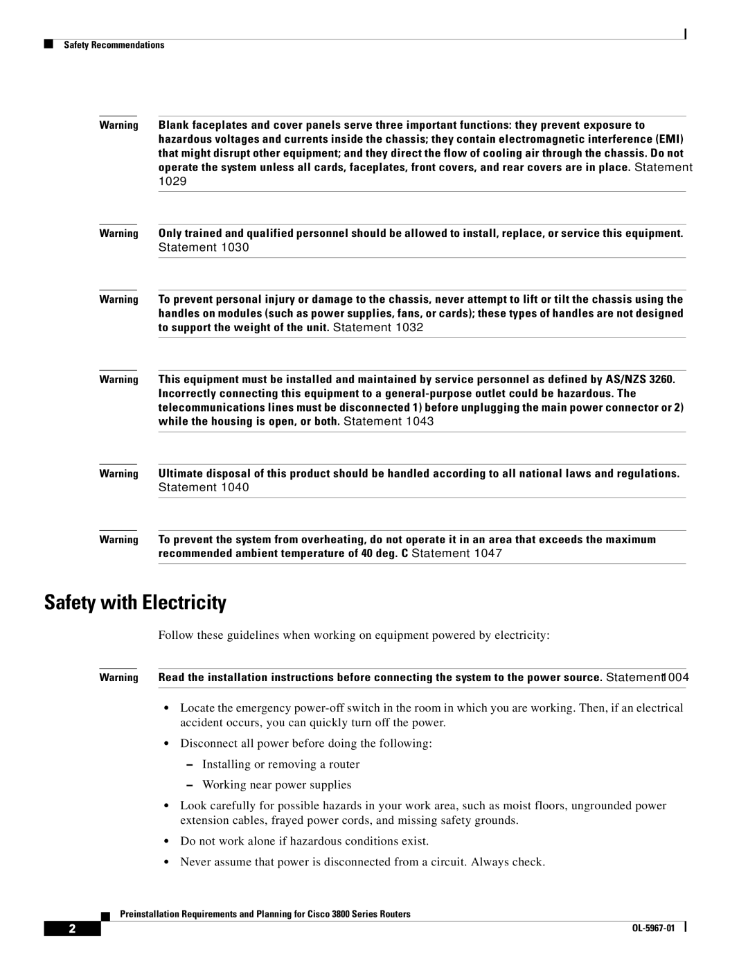 Cisco Systems 3800 Series warranty Safety with Electricity 