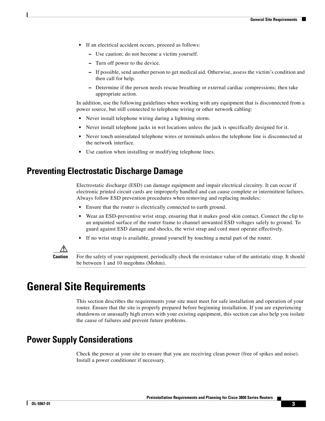 Cisco Systems 3800 Series warranty General Site Requirements, Preventing Electrostatic Discharge Damage 