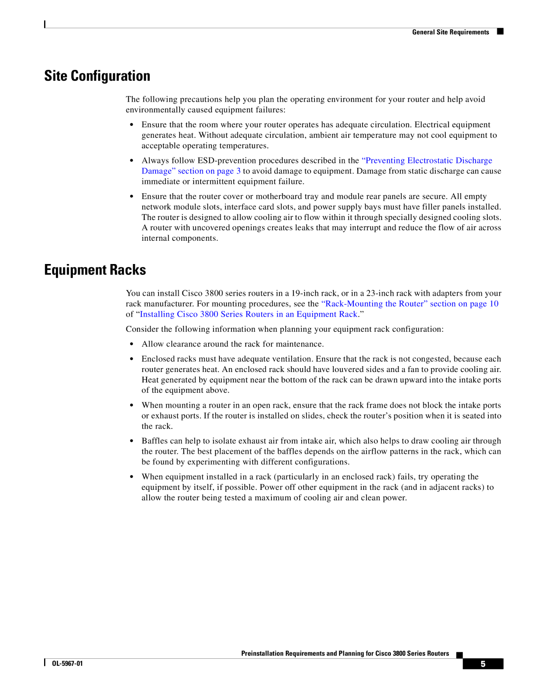 Cisco Systems 3800 Series warranty Site Configuration, Equipment Racks 