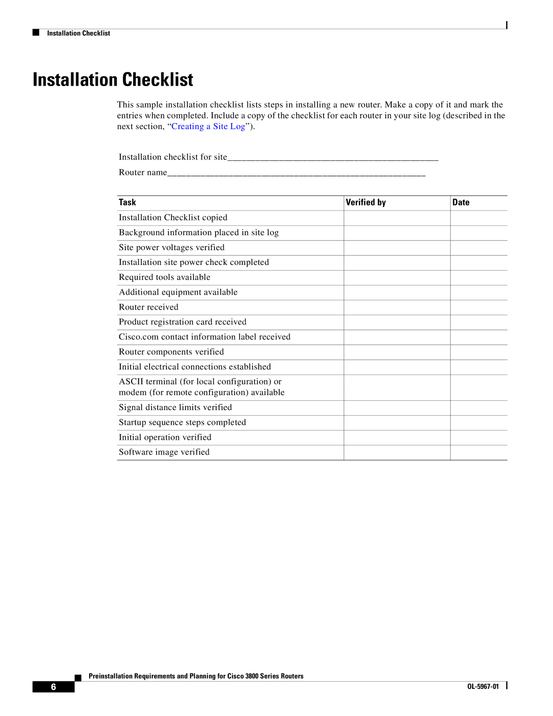 Cisco Systems 3800 Series warranty Installation Checklist, Task Verified by Date 