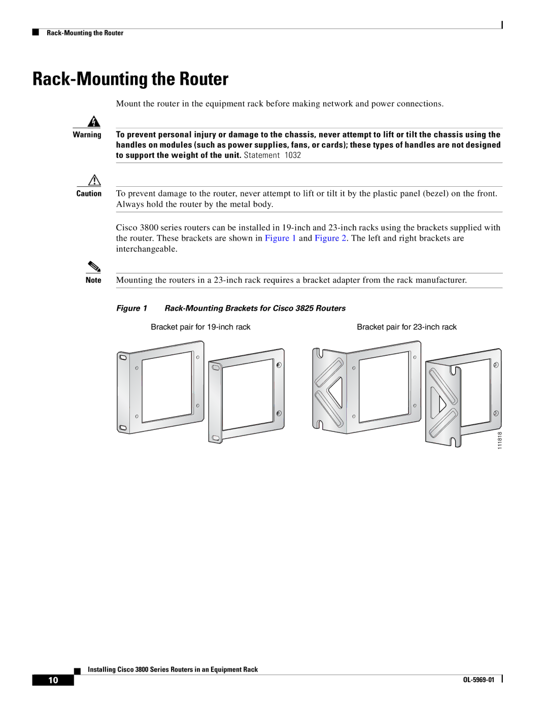 Cisco Systems 3800 Series warranty Rack-Mounting the Router, Bracket pair for 19-inch rack 