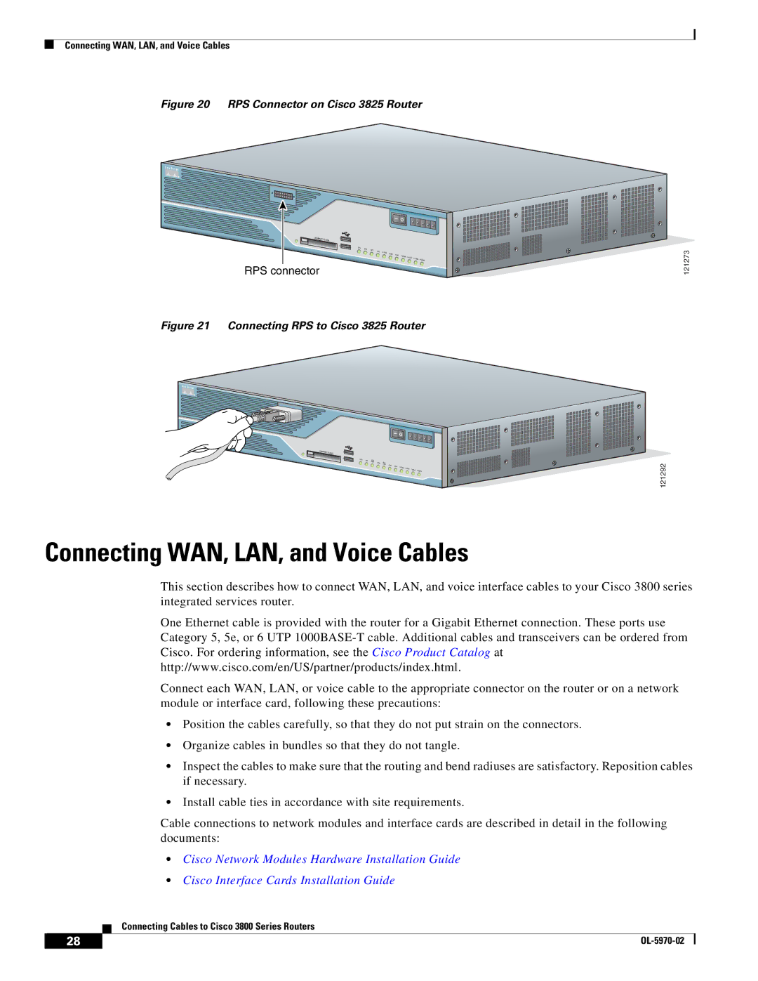 Cisco Systems 3800 Series warranty Connecting WAN, LAN, and Voice Cables, RPS Connector on Cisco 3825 Router 