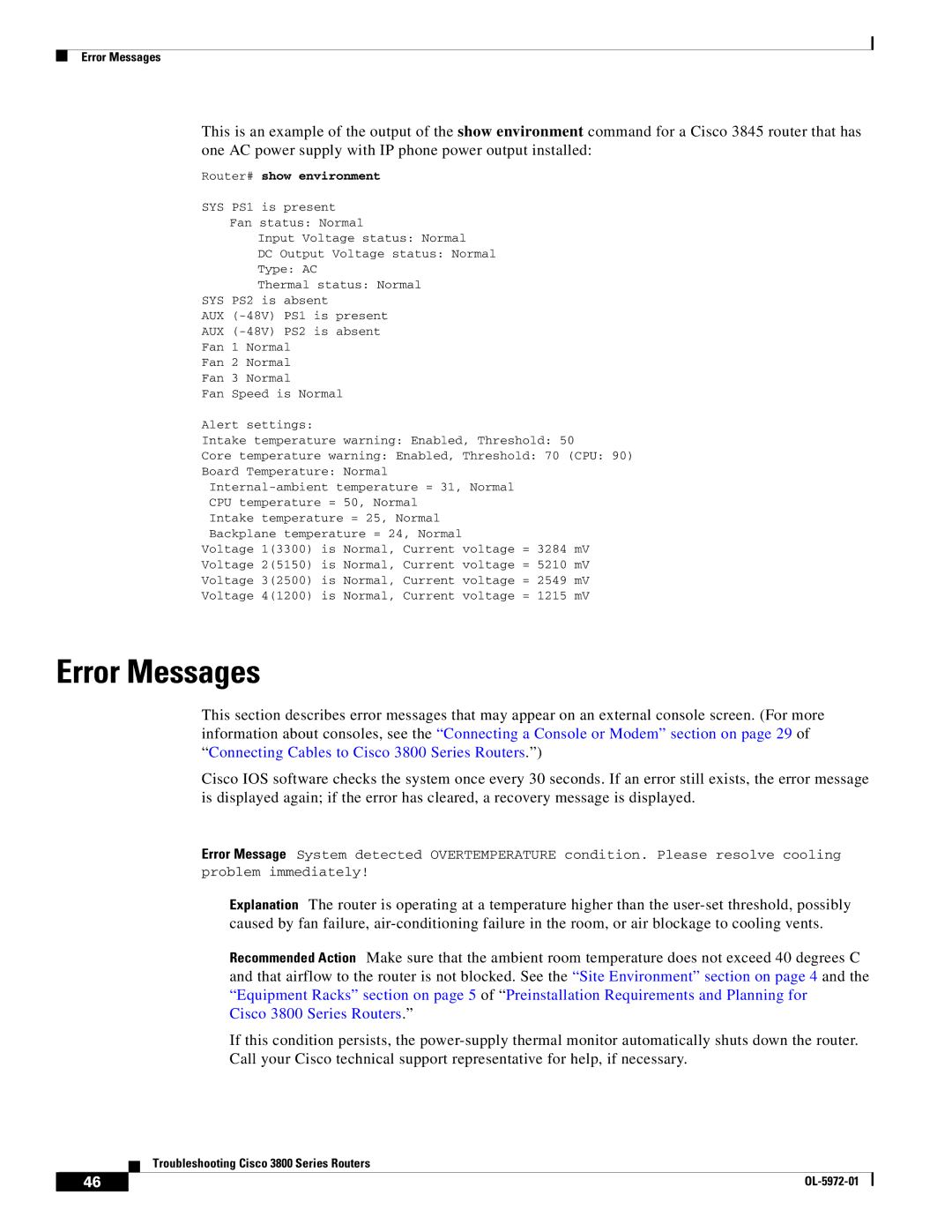 Cisco Systems warranty Error Messages, Cisco 3800 Series Routers 