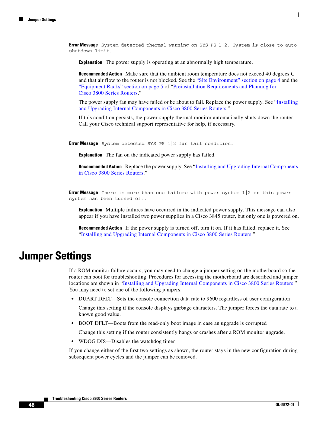 Cisco Systems 3800 Series warranty Jumper Settings 