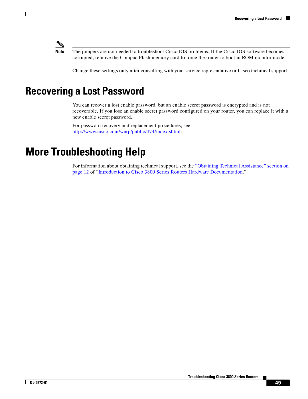 Cisco Systems 3800 Series warranty More Troubleshooting Help, Recovering a Lost Password 