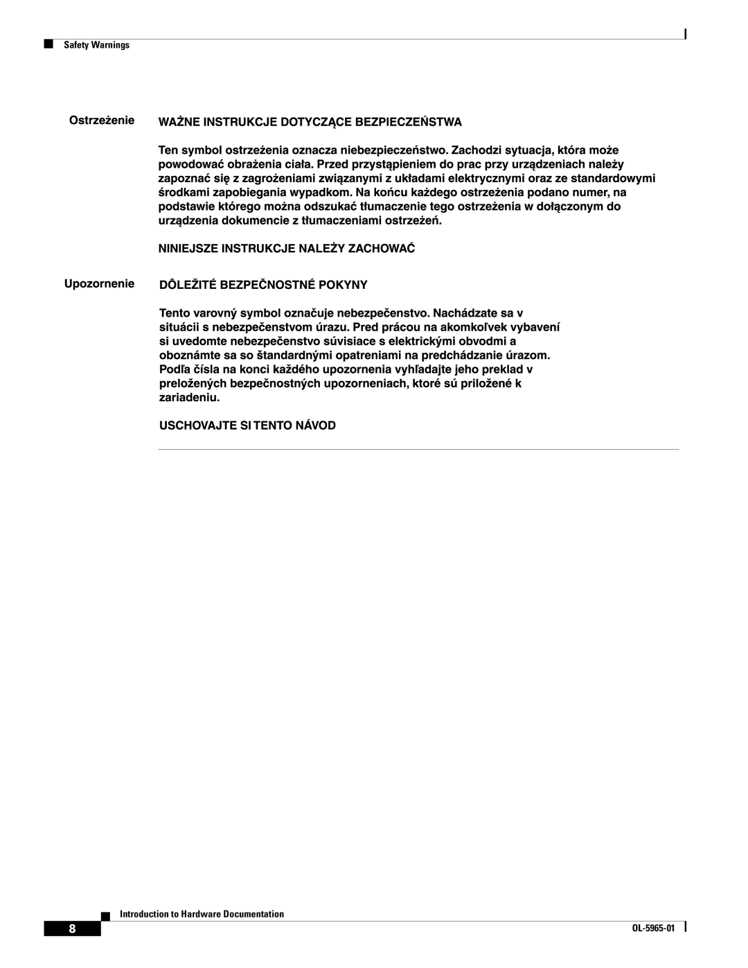 Cisco Systems 3800 Series warranty Safety Warnings Introduction to Hardware Documentation 