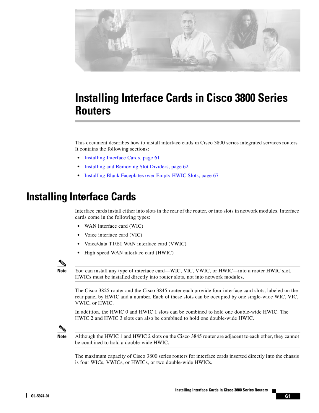 Cisco Systems warranty Installing Interface Cards in Cisco 3800 Series Routers 