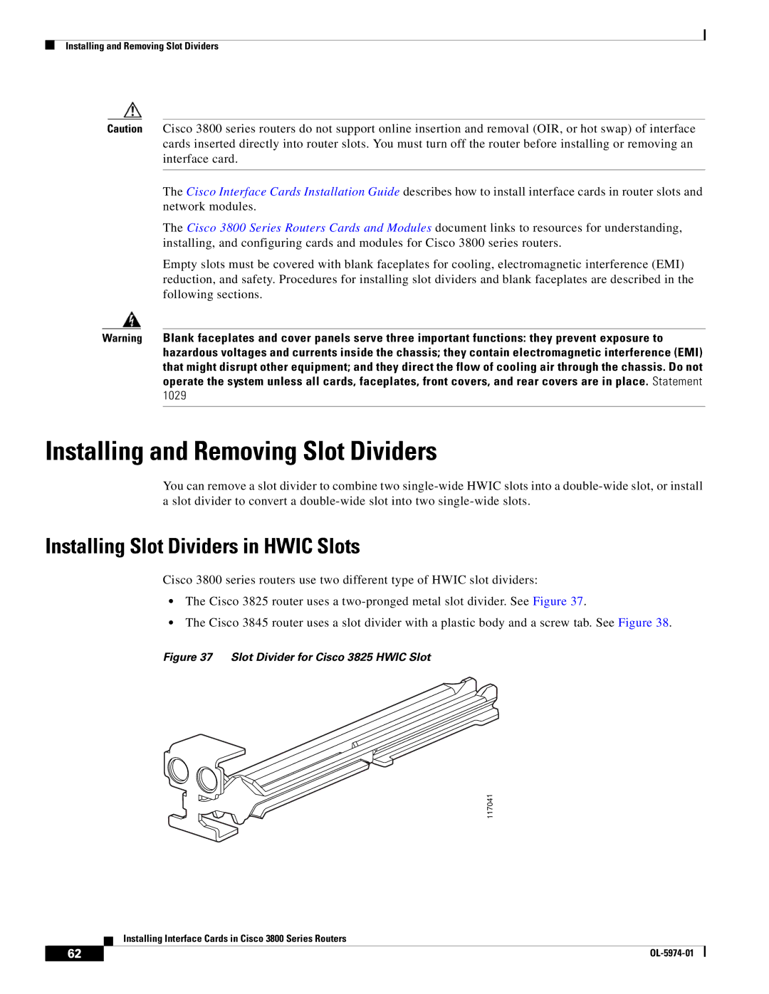 Cisco Systems 3800 Series warranty Installing Slot Dividers in Hwic Slots, Slot Divider for Cisco 3825 Hwic Slot 