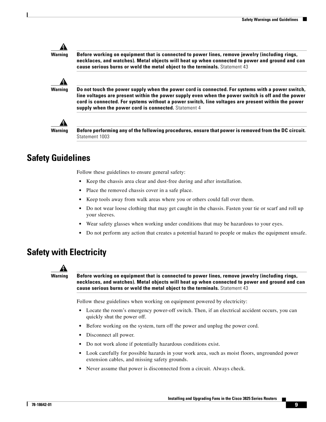 Cisco Systems 3825 Series manual Safety Guidelines, Safety with Electricity 
