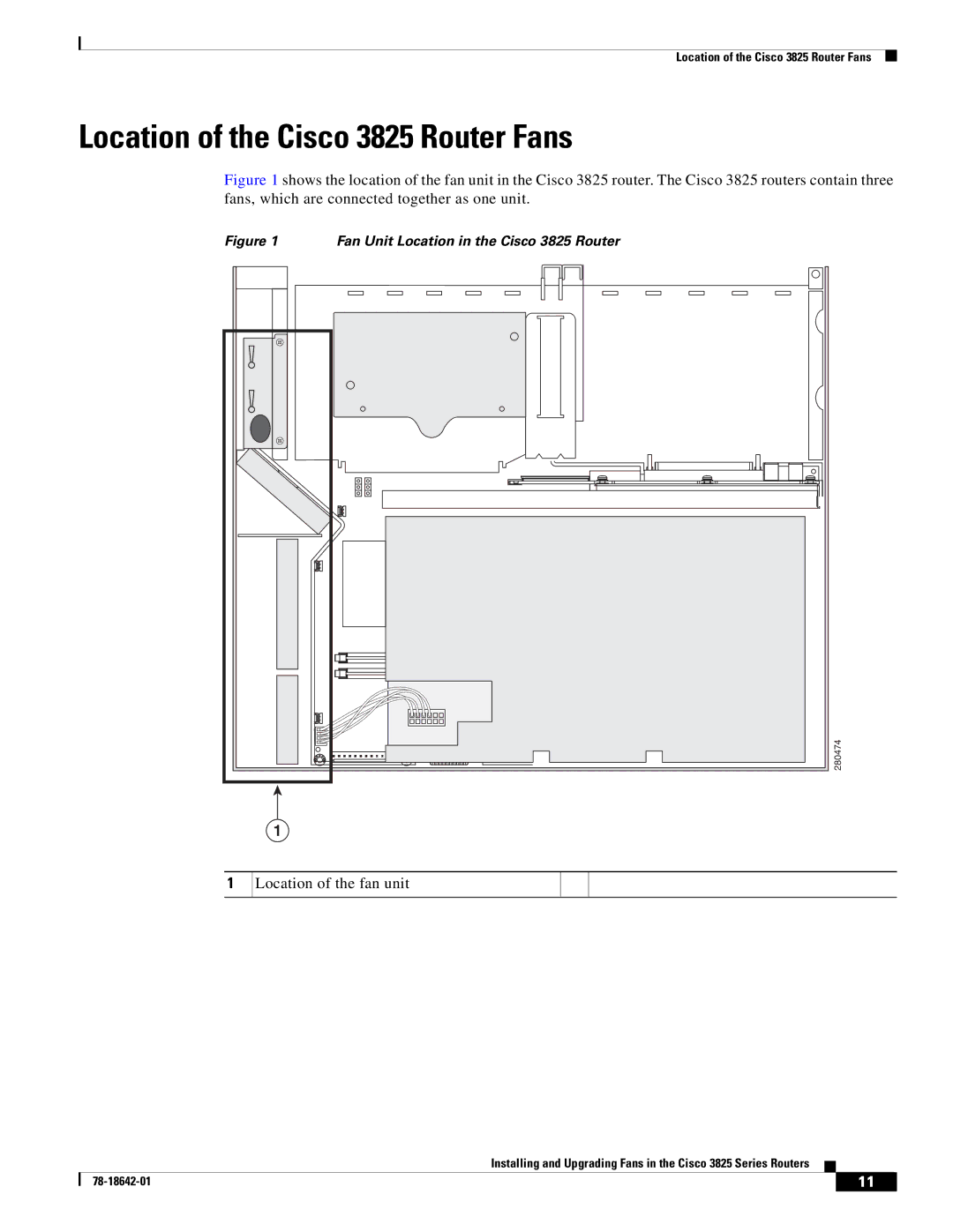 Cisco Systems 3825 Series manual Location of the Cisco 3825 Router Fans, Location of the fan unit 