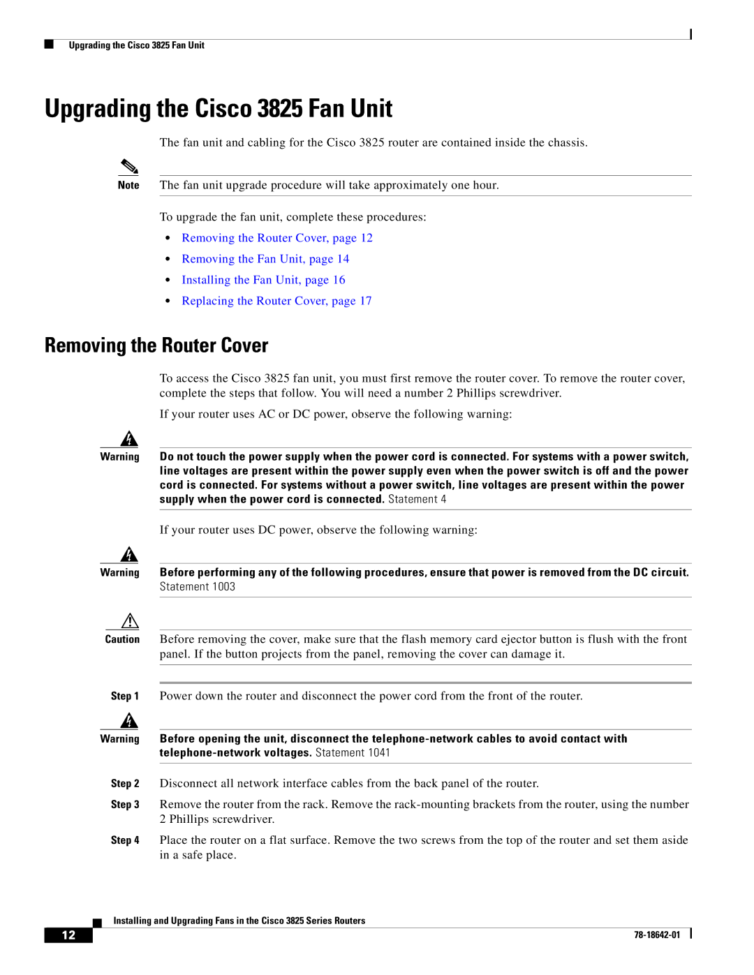 Cisco Systems 3825 Series manual Upgrading the Cisco 3825 Fan Unit, Removing the Router Cover 