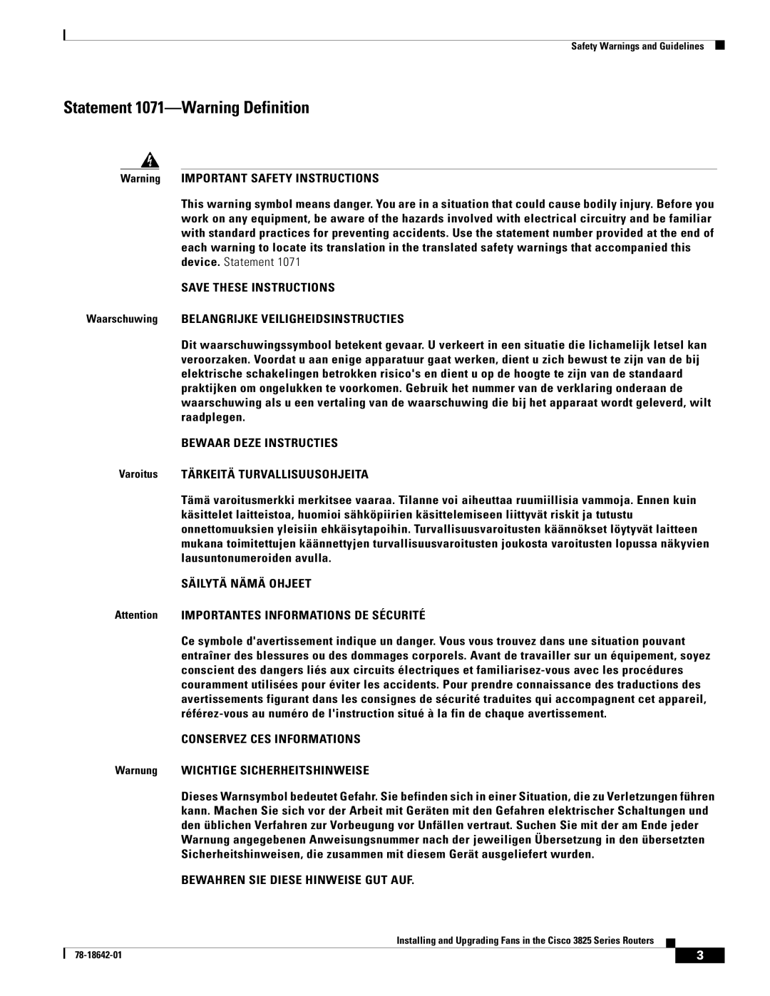 Cisco Systems 3825 Series manual Statement 1071-Warning Definition 