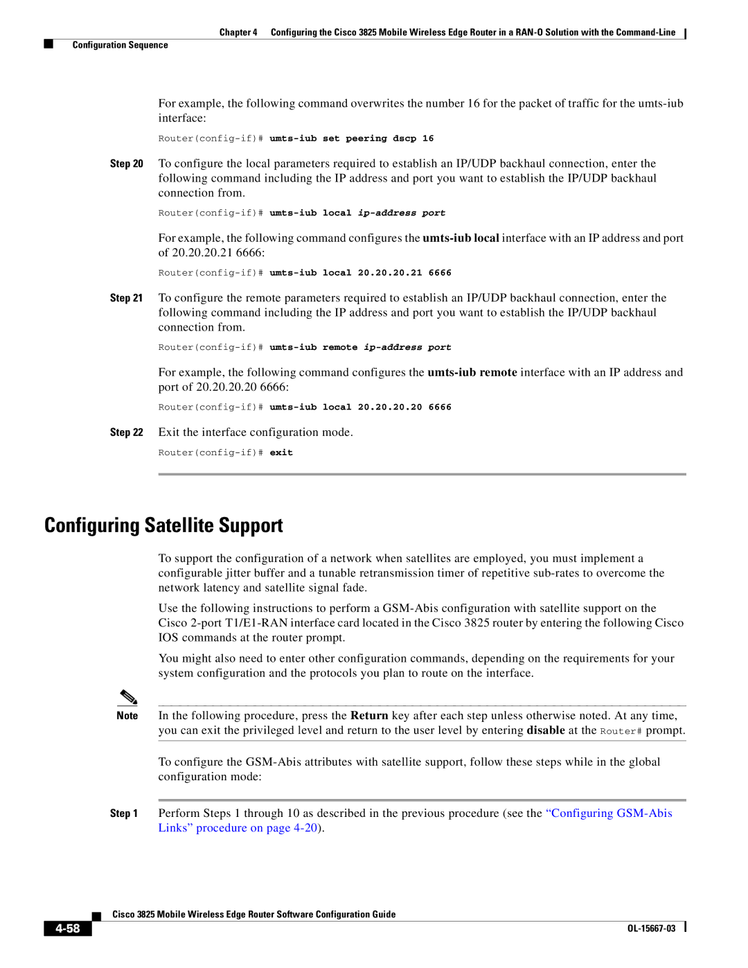 Cisco Systems 3825 manual Configuring Satellite Support, Routerconfig-if#umts-iub set peering dscp 