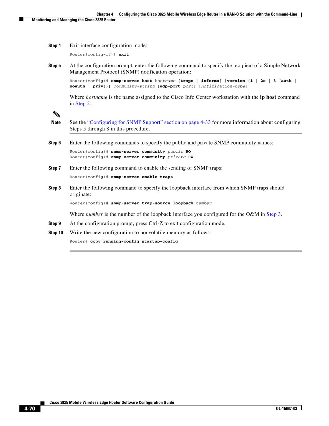 Cisco Systems 3825 manual Exit interface configuration mode, Routerconfig# snmp-server enable traps 