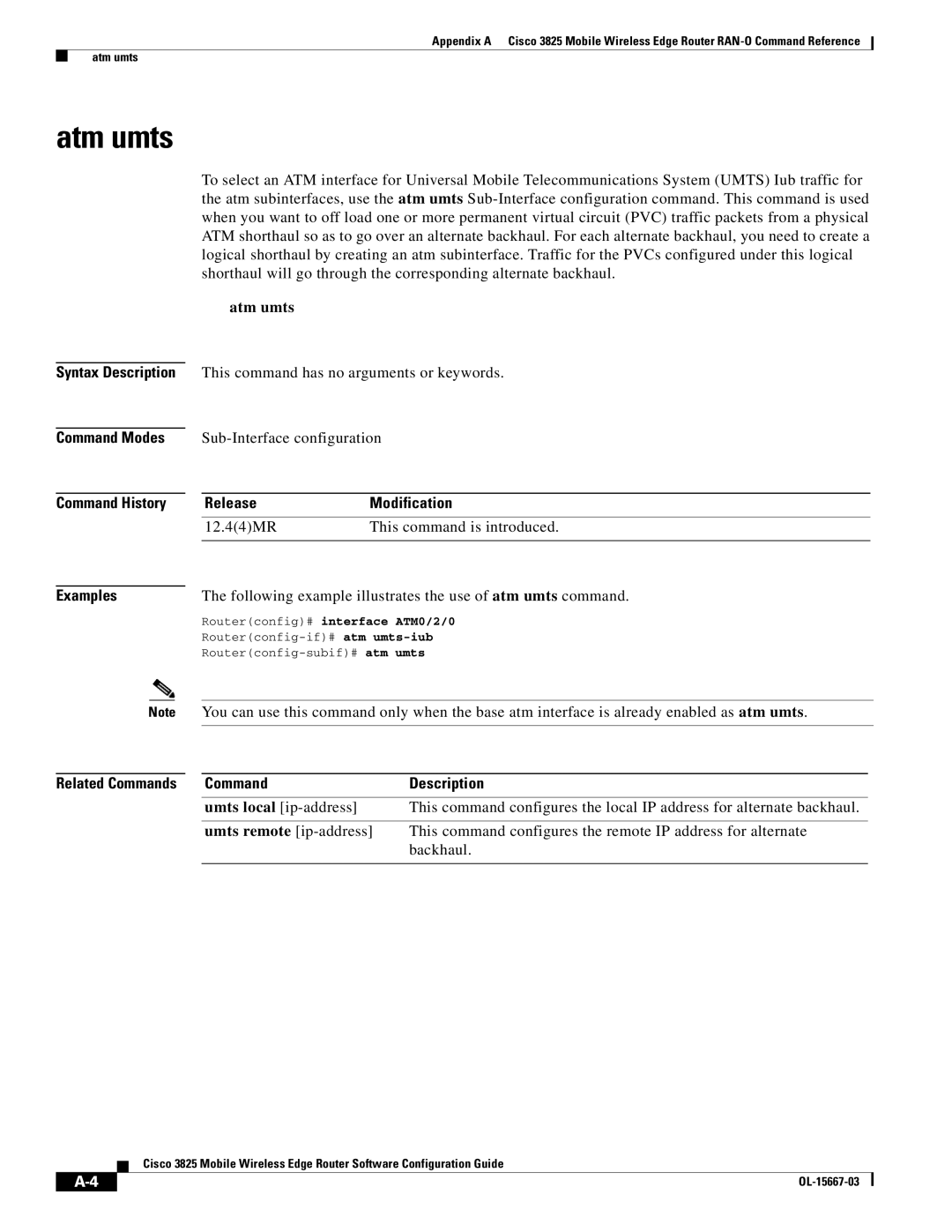 Cisco Systems 3825 manual Atm umts, Syntax Description Command Modes, Release Modification, Examples, Command Description 