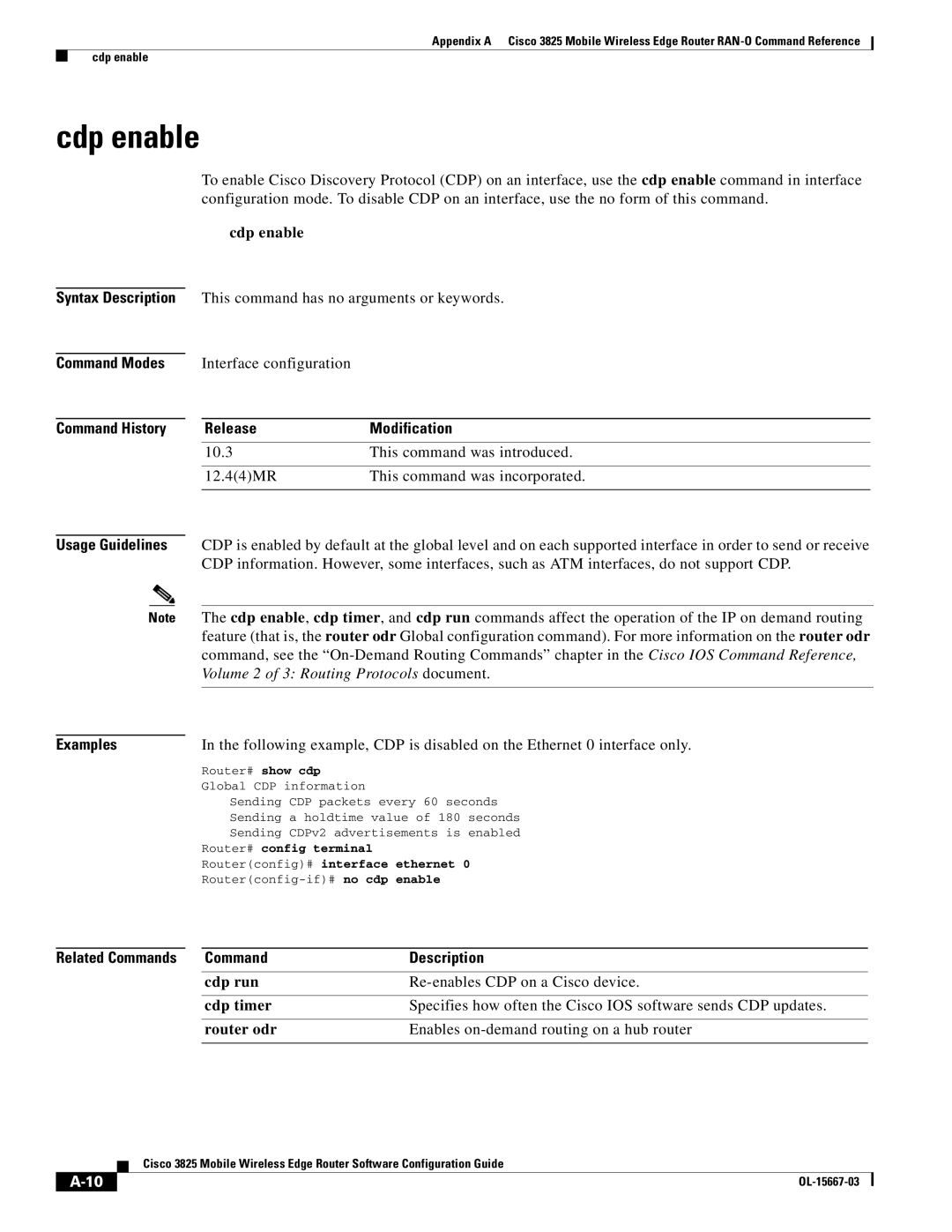 Cisco Systems 3825 manual Cdp enable, Command Modes Command History, Usage Guidelines Examples 