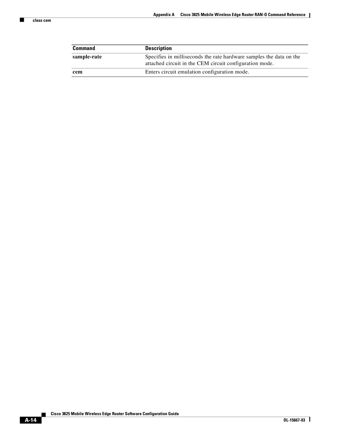 Cisco Systems 3825 manual Sample-rate, Attached circuit in the CEM circuit configuration mode, Cem 