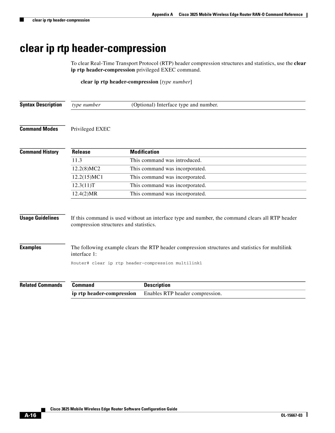 Cisco Systems 3825 manual Clear ip rtp header-compression type number, Syntax Description Command Modes Command History 