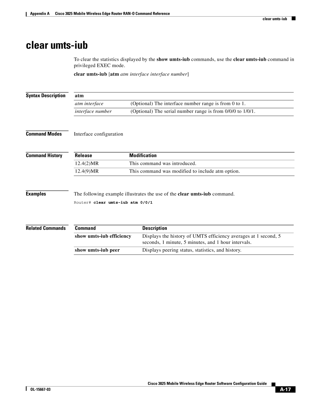 Cisco Systems 3825 manual Clear umts-iub, Router# clear umts-iub atm 0/0/1 