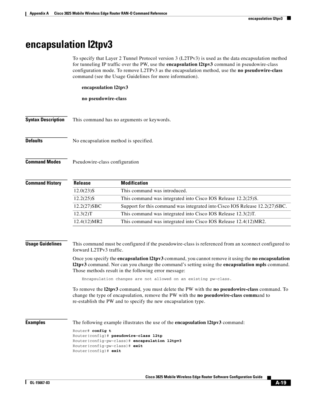 Cisco Systems 3825 manual Encapsulation l2tpv3, Syntax Description Defaults Command Modes Command History 