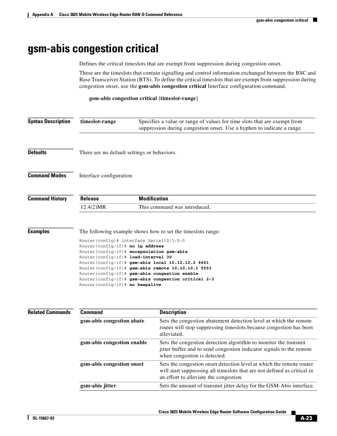 Cisco Systems 3825 manual Gsm-abis congestion critical timeslot-range, Timeslot-range, Gsm-abis congestion abate 