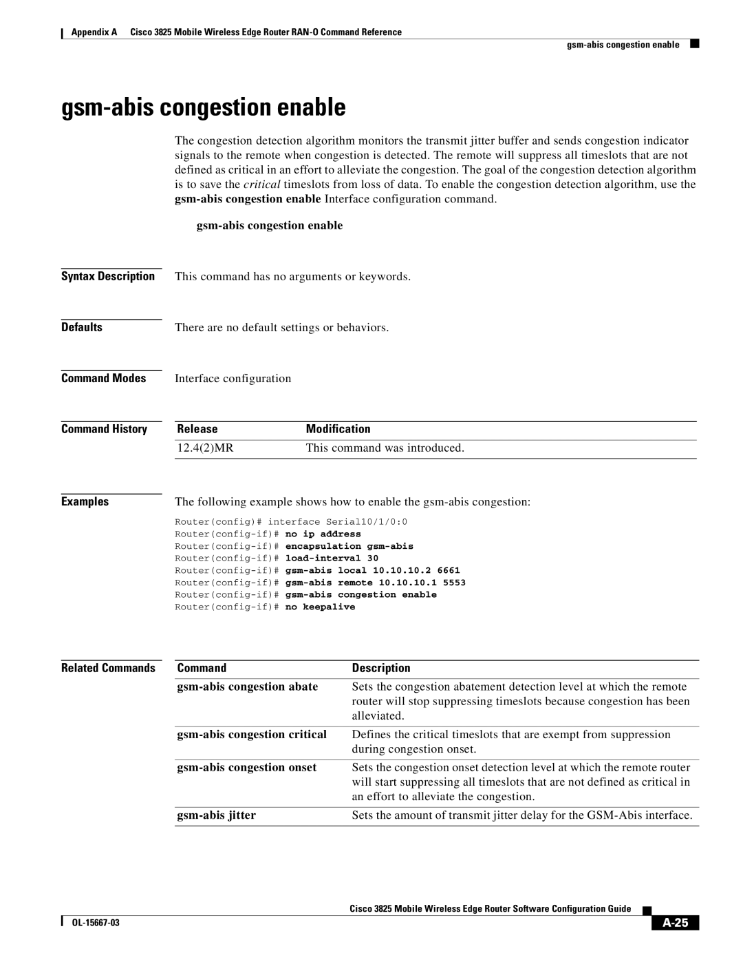 Cisco Systems 3825 manual Gsm-abis congestion enable, Syntax Description Defaults 