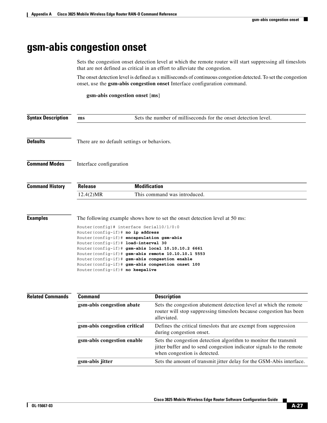 Cisco Systems 3825 manual Gsm-abis congestion onset ms 