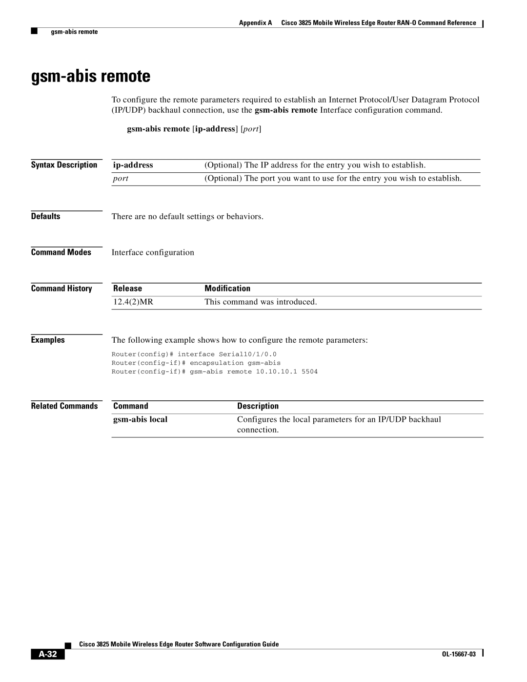 Cisco Systems 3825 manual Gsm-abis remote ip-address port 