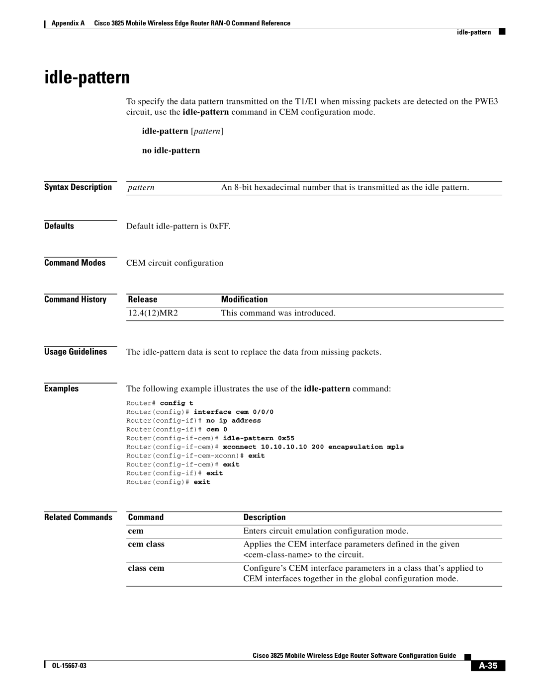 Cisco Systems 3825 manual Idle-pattern pattern no idle-pattern 