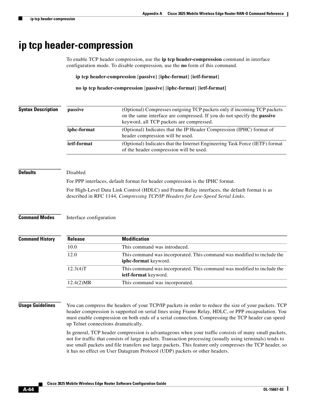 Cisco Systems 3825 manual Ip tcp header-compression, Keyword, all TCP packets are compressed, Iphc-format keyword 