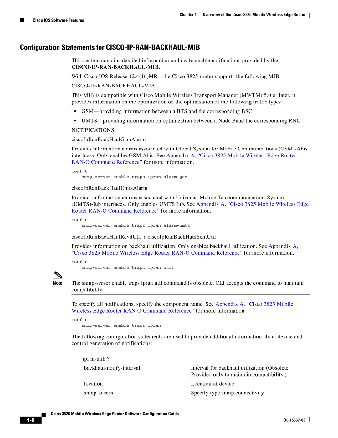 Cisco Systems 3825 Configuration Statements for CISCO-IP-RAN-BACKHAUL-MIB, Conf t Snmp-server enable traps ipran alarm-gsm 