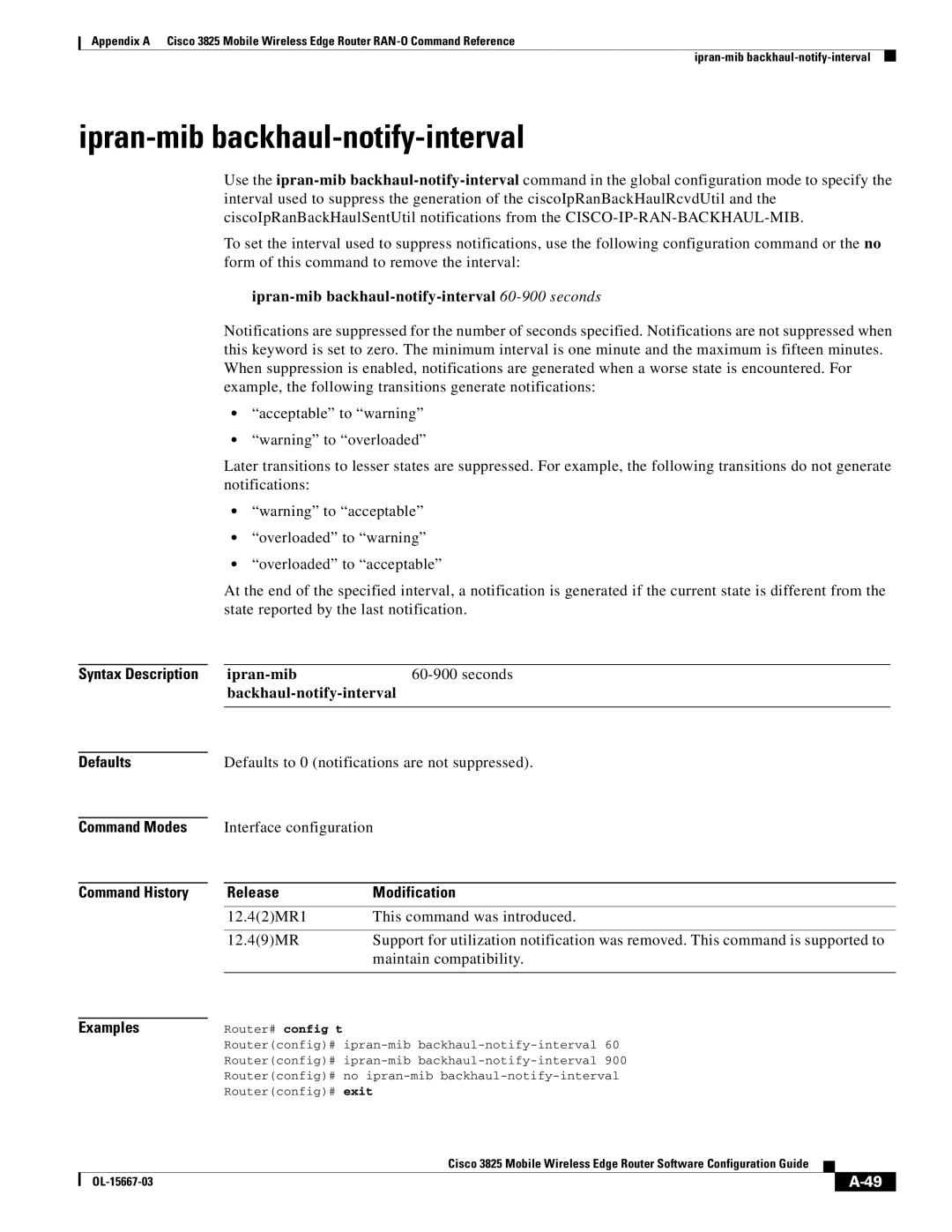 Cisco Systems 3825 manual Ipran-mib backhaul-notify-interval 60-900 seconds, Backhaul-notify-interval 