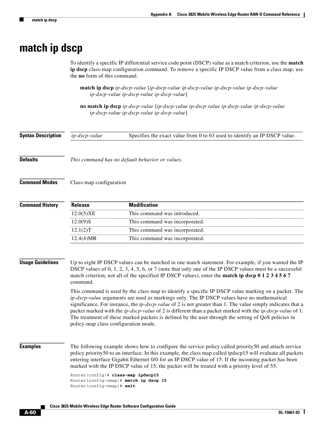 Cisco Systems 3825 manual Match ip dscp, Class-map configuration, Policy-map class configuration mode 