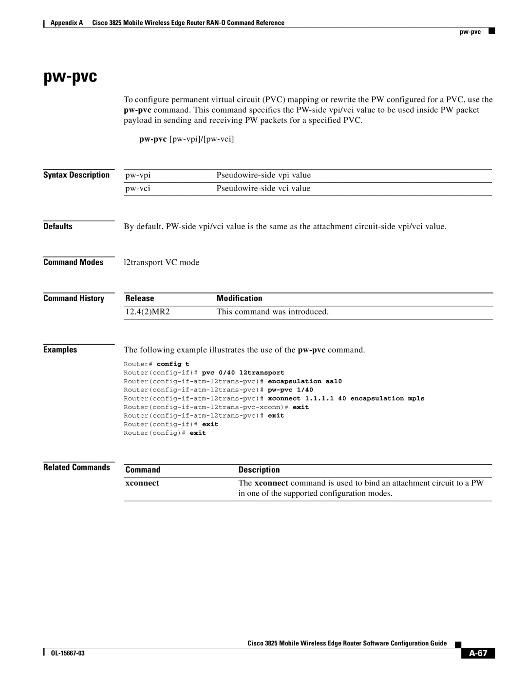 Cisco Systems 3825 Pw-pvc, L2transport VC mode, 12.42MR2 This command was introduced, Routerconfig-if#pvc 0/40 l2transport 