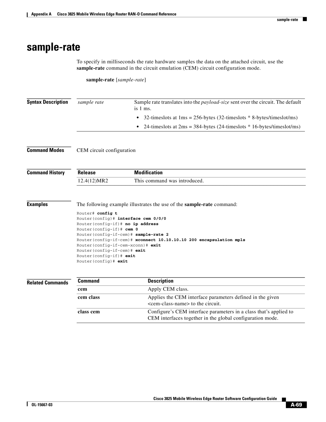 Cisco Systems 3825 manual Sample-rate sample-rate, Command Modes Command History Examples, Cem class, Class cem 