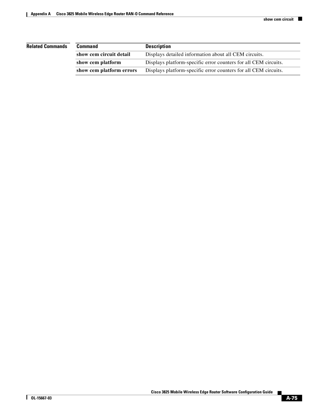 Cisco Systems 3825 manual Show cem circuit detail, Displays detailed information about all CEM circuits, Show cem platform 