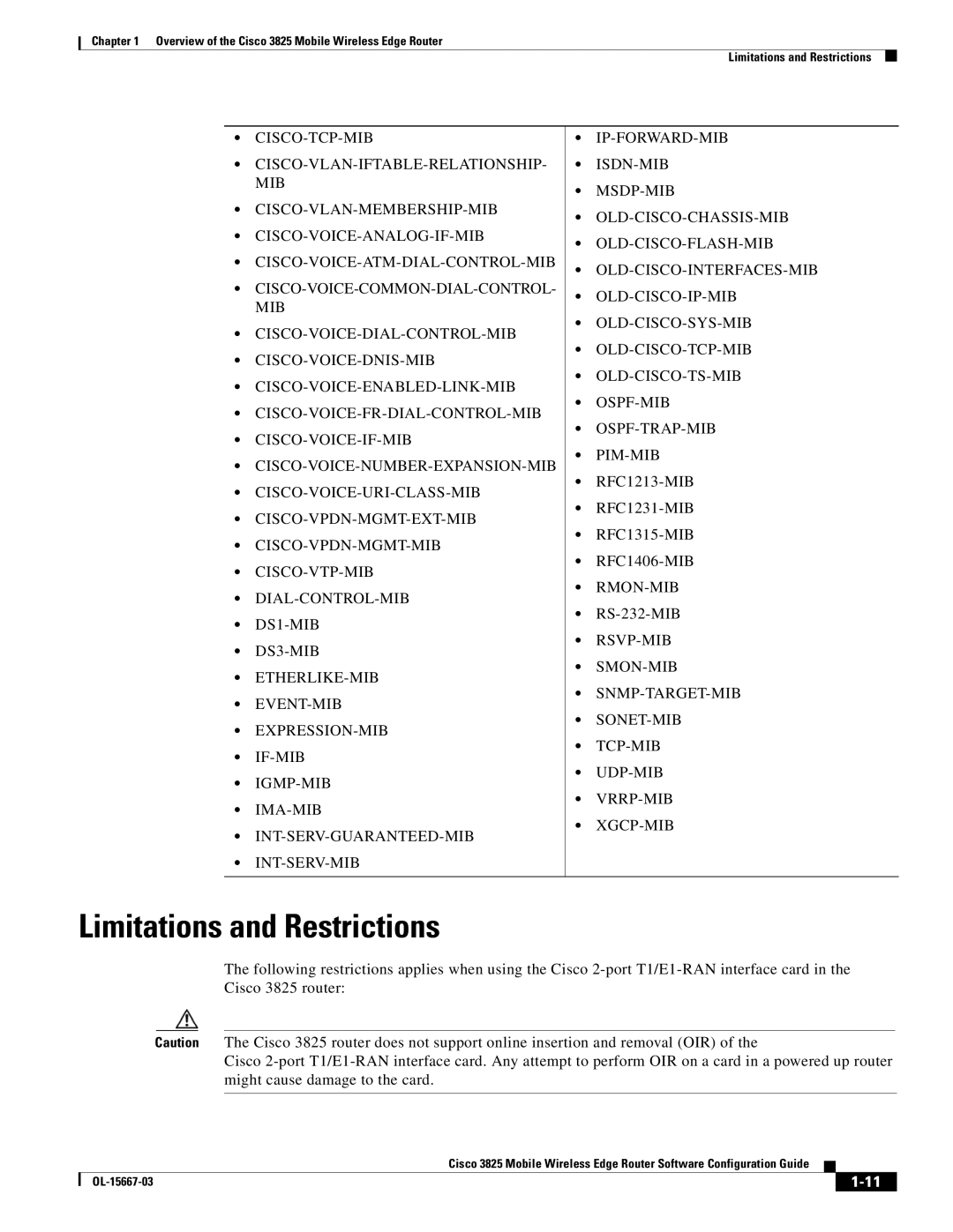 Cisco Systems 3825 manual Limitations and Restrictions, RFC1213-MIB RFC1231-MIB RFC1315-MIB RFC1406-MIB, RS-232-MIB 