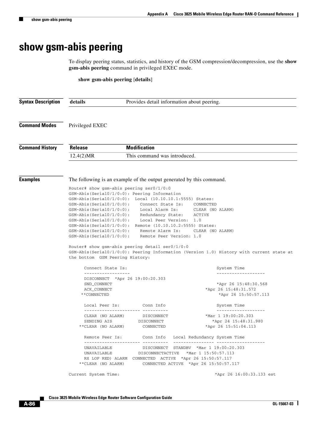 Cisco Systems 3825 manual Show gsm-abis peering details, Details Provides detail information about peering 