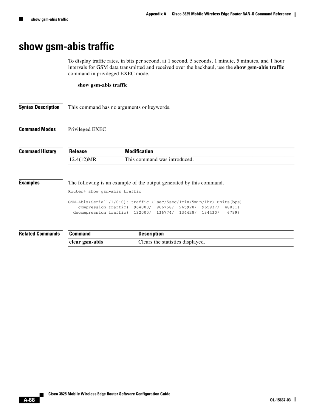 Cisco Systems 3825 manual Show gsm-abis traffic, 12.412MR This command was introduced 