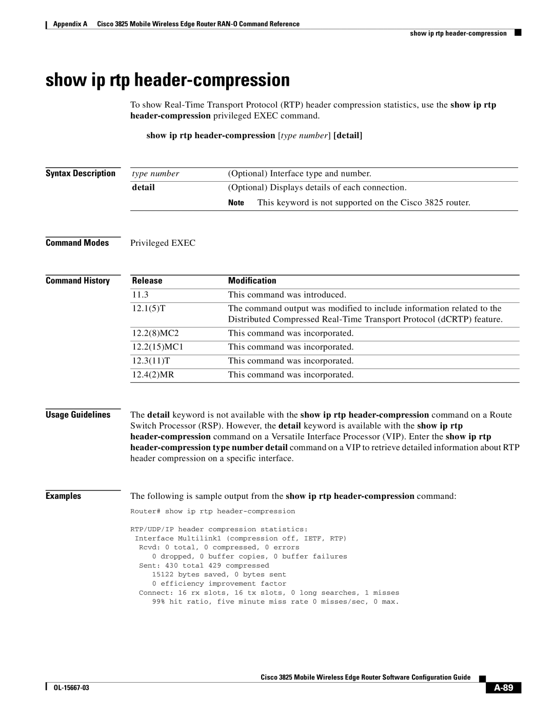 Cisco Systems 3825 manual Show ip rtp header-compression type number detail 