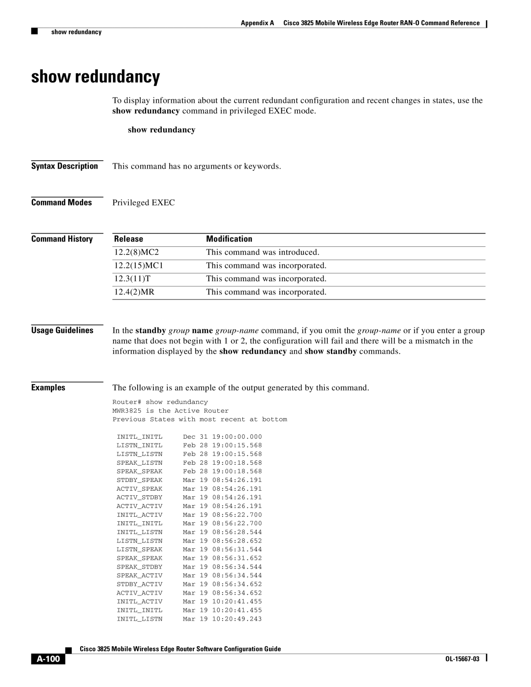 Cisco Systems 3825 manual Show redundancy, This command has no arguments or keywords Privileged Exec, 100 