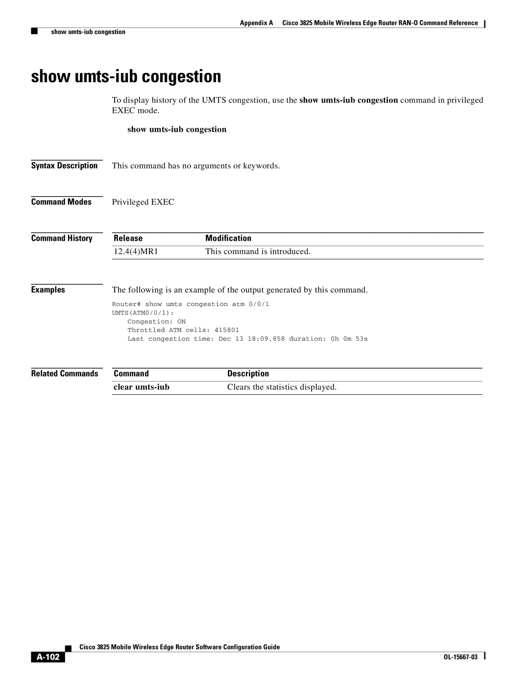 Cisco Systems 3825 manual Show umts-iub congestion, 12.44MR1 This command is introduced, 102 