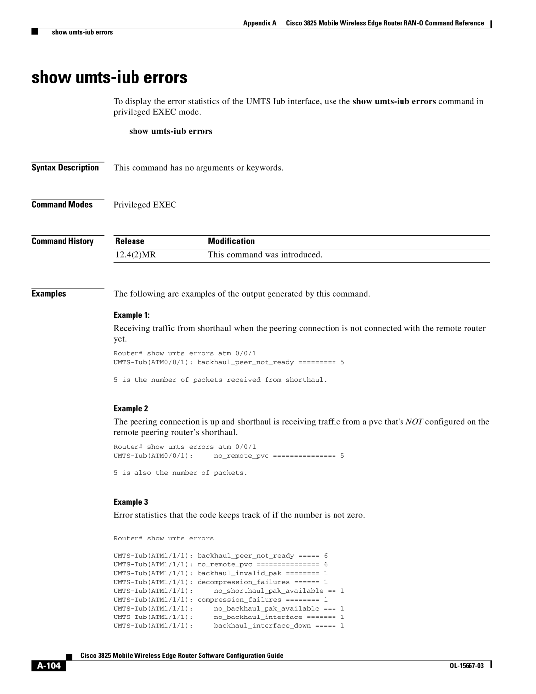 Cisco Systems 3825 manual Show umts-iub errors, Example, 104 