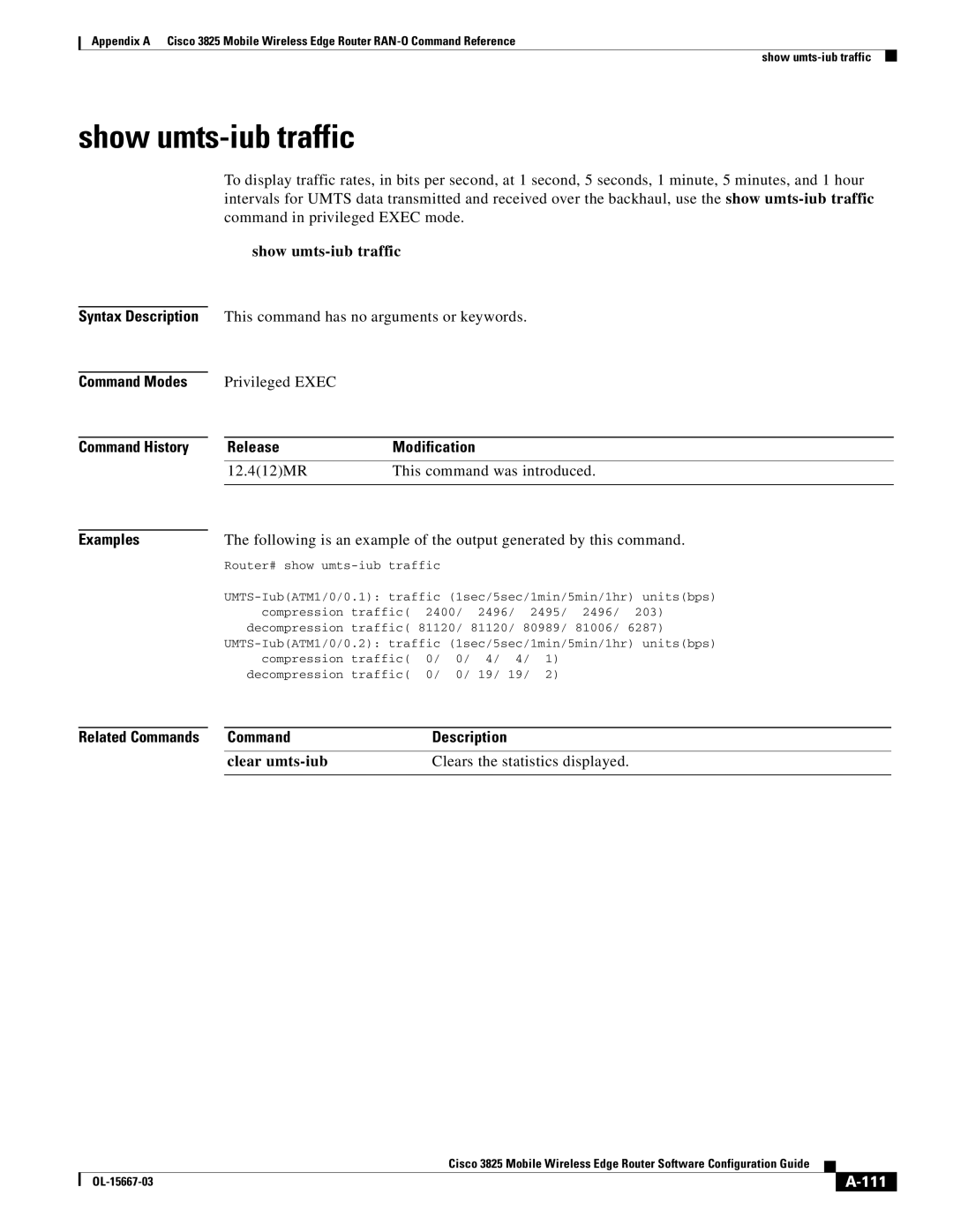 Cisco Systems 3825 manual Show umts-iub traffic, 111, Router# show umts-iub traffic 