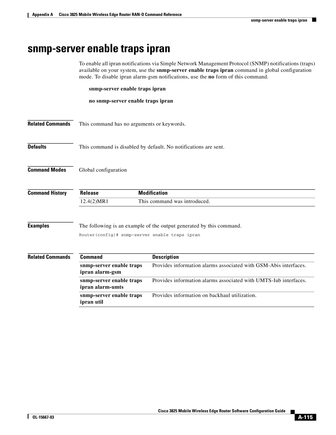 Cisco Systems 3825 Snmp-server enable traps ipran, Related Commands Defaults, 12.42MR1 This command was introduced, 115 