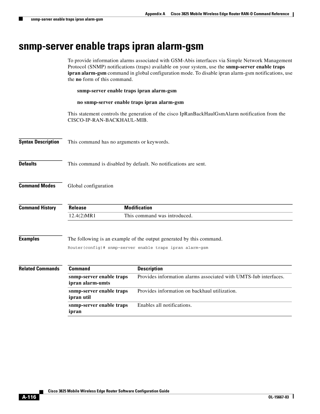 Cisco Systems 3825 Snmp-server enable traps ipran alarm-gsm, 116, Routerconfig# snmp-server enable traps ipran alarm-gsm 