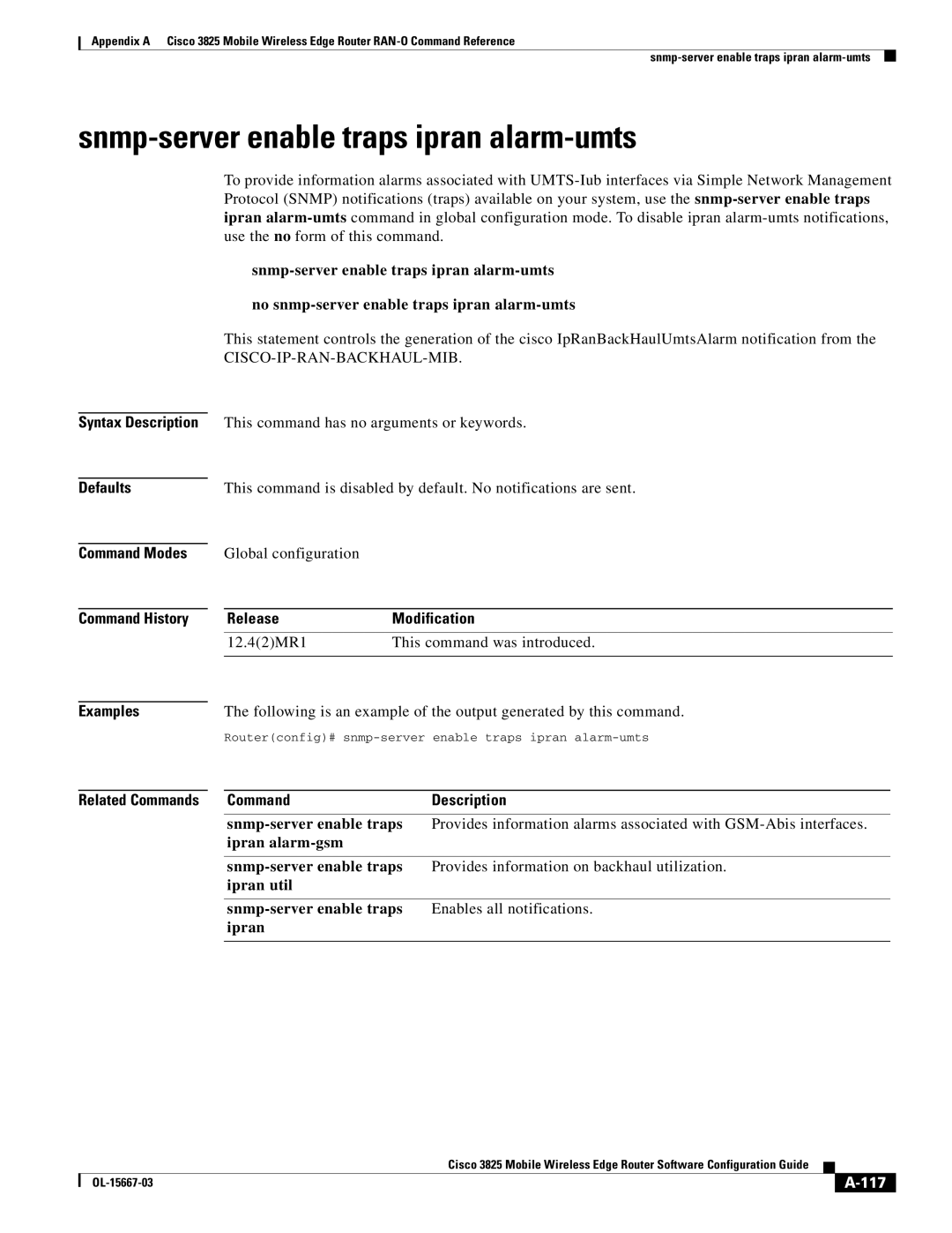 Cisco Systems 3825 Snmp-server enable traps ipran alarm-umts, 117, Routerconfig# snmp-server enable traps ipran alarm-umts 