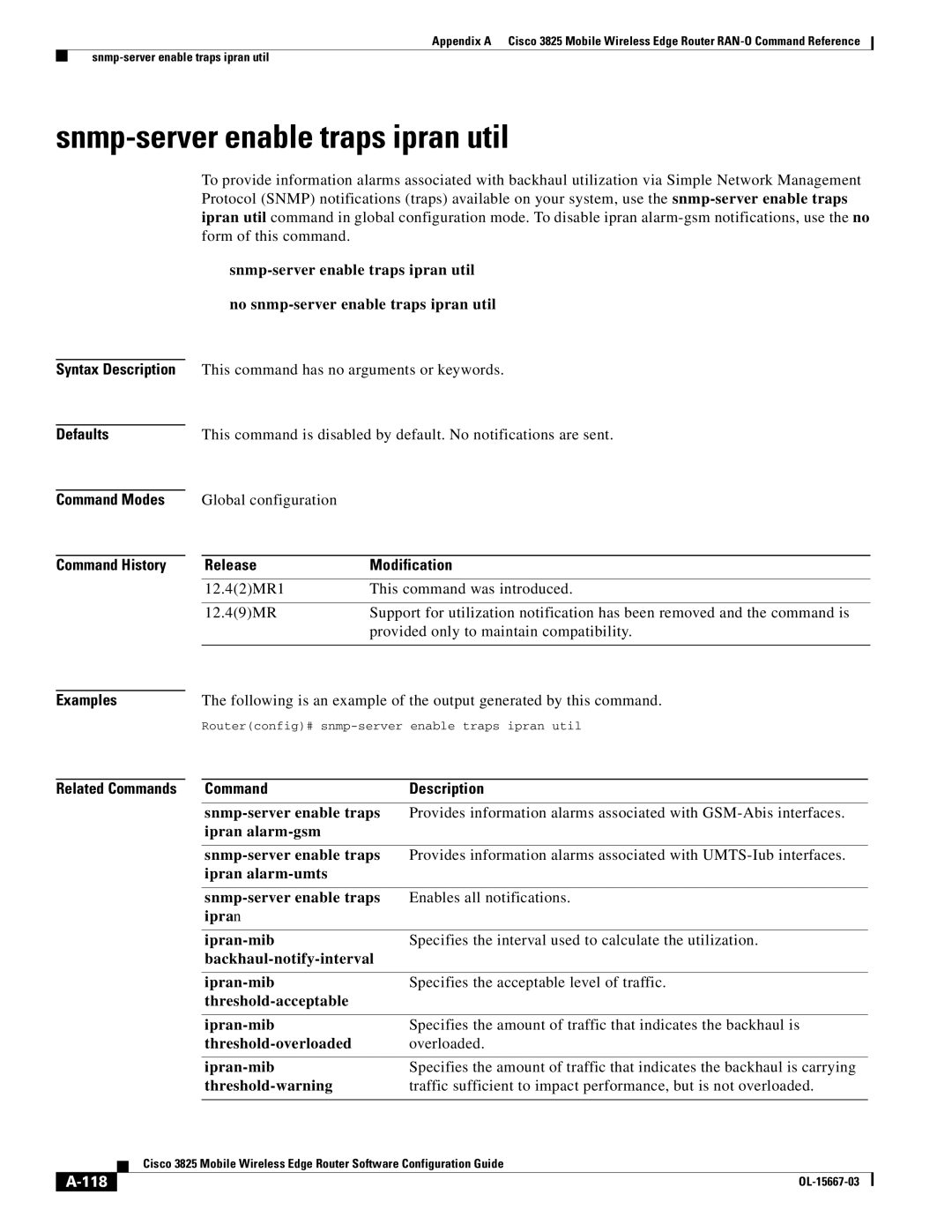 Cisco Systems 3825 manual Snmp-server enable traps ipran util, 118, Routerconfig# snmp-server enable traps ipran util 