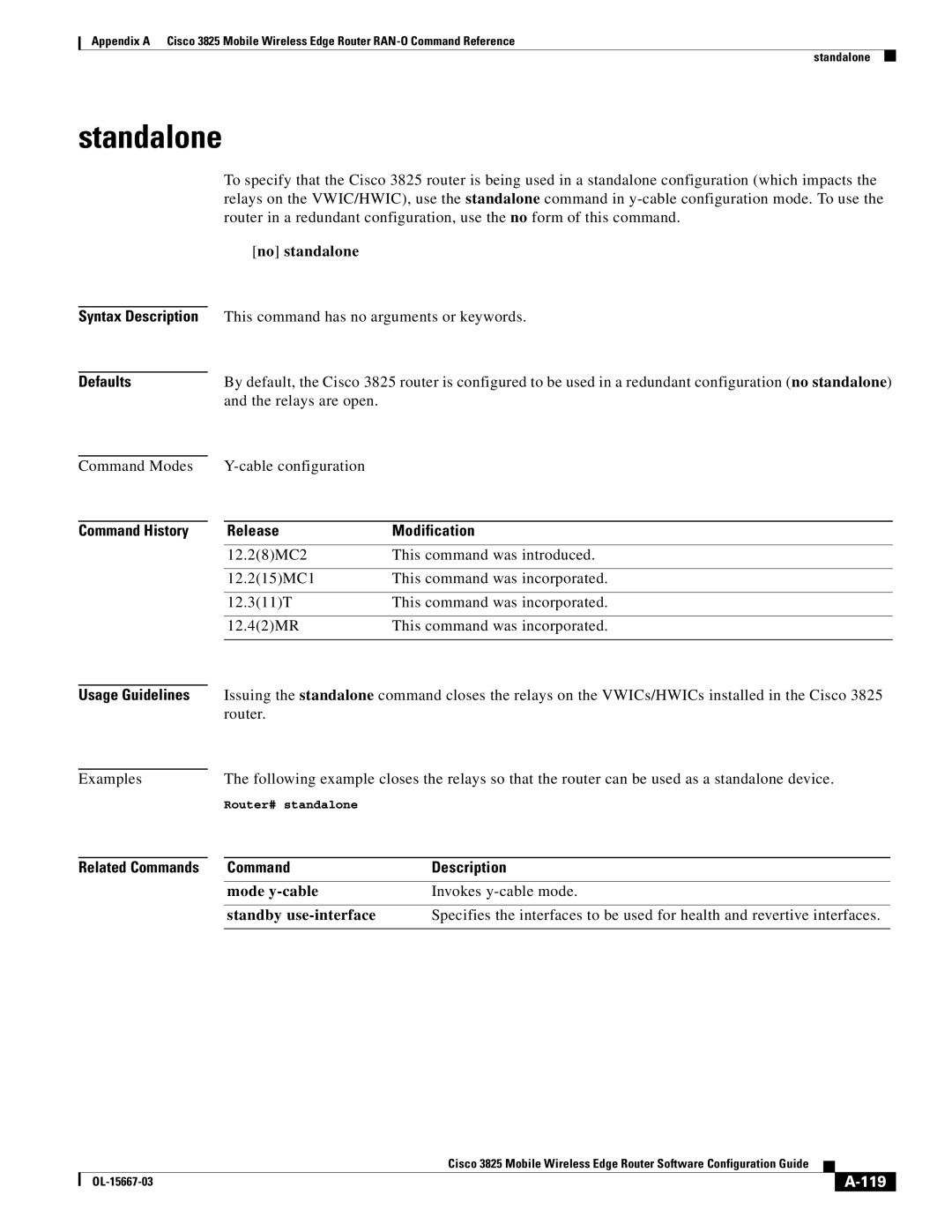 Cisco Systems 3825 manual Standalone, Command Modes, No standalone, 119, Router# standalone 